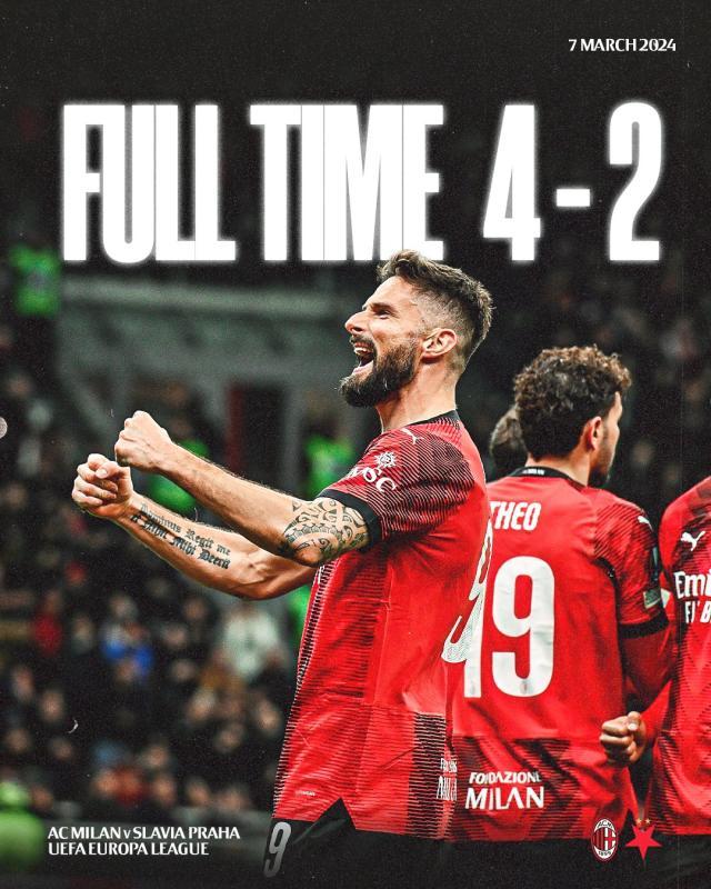 【欧联】吉鲁建功，米兰4-2十人布拉格斯拉维亚